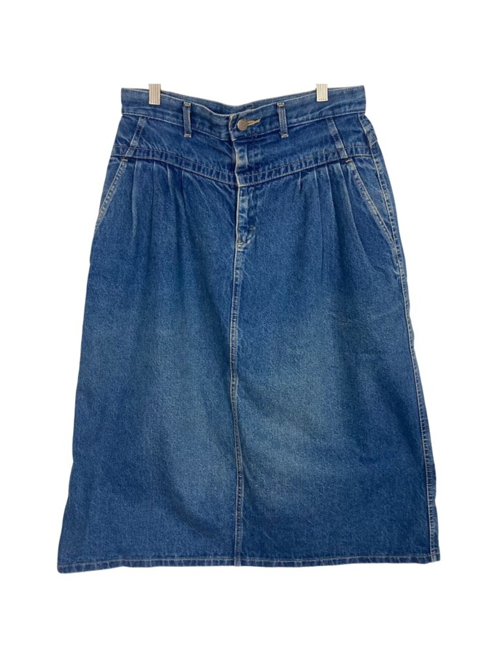 Vintage 80s 90s Lee Denim Midi Skirt 14 High Waist Mom Style Modest Made in USA